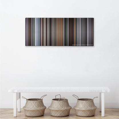 The Italian Job color palette canvas above a white bench with three woven baskets