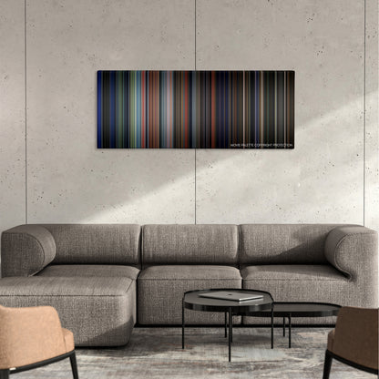 Land of the Dead color palette canvas on a concrete wall above a gray sectional sofa
