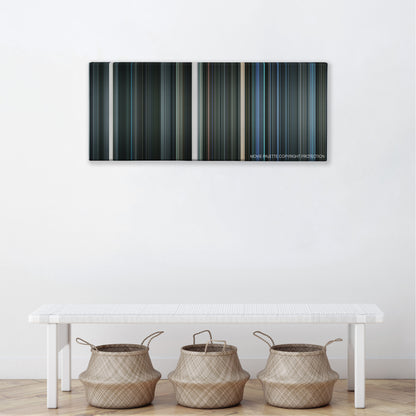 Iron Sky color palette canvas above a white bench with three woven baskets