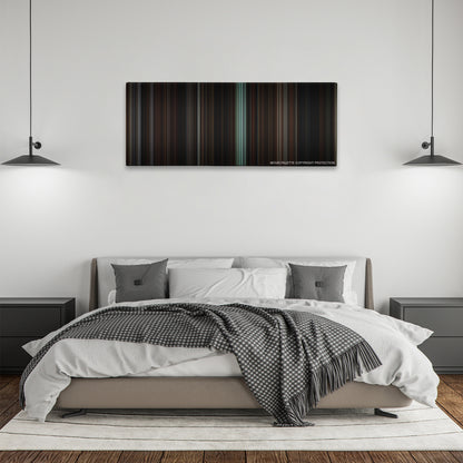 The Others color palette canvas above a bed, between two black pendant lamps