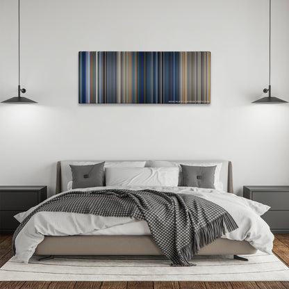 The Rock color palette canvas above a bed, between two black pendant lamps