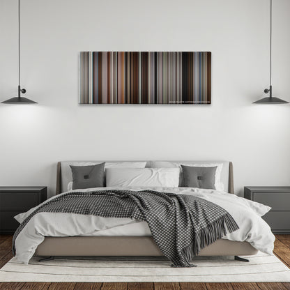 50/50 color palette canvas above a bed, between two black pendant lamps