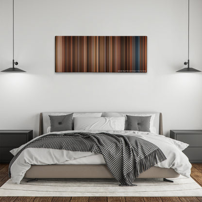 Night at the Museum color palette canvas above a bed, between two black pendant lamps