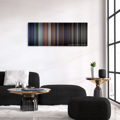 Land of the Dead color palette canvas above a black sofa with a gold-topped table