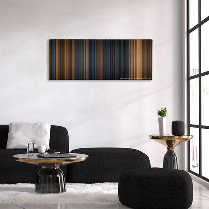 Gone in 60 Seconds color palette canvas above a black sofa with a gold-topped table
