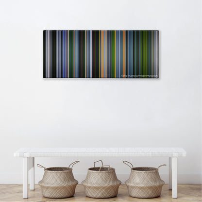 The Experiment color palette canvas above a white bench with three woven baskets