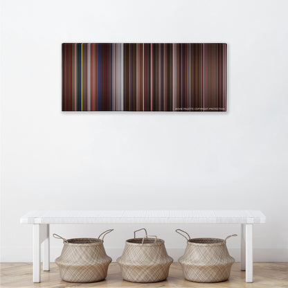 Trainspotting color palette canvas above a white bench with three woven baskets