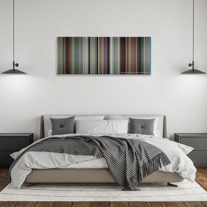 Up in the Air color palette canvas above a bed, between two black pendant lamps