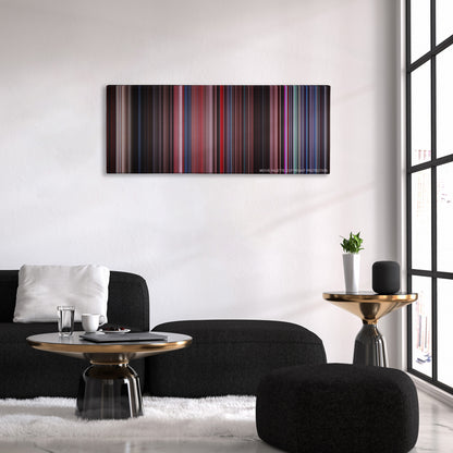 The Rocky Horror Picture Show color palette canvas above a black sofa with a gold-topped table