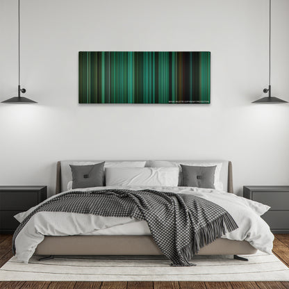 The Ring color palette canvas above a bed, between two black pendant lamps