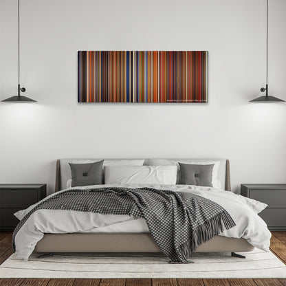 Ocean's Thirteen color palette canvas above a bed, between two black pendant lamps