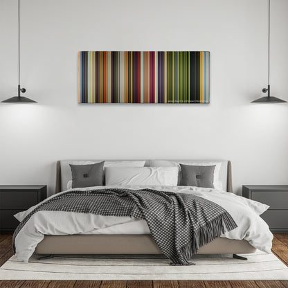Monsters University color palette canvas above a bed, between two black pendant lamps