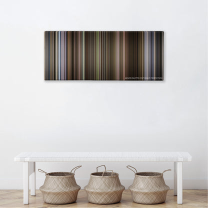 Self/less color palette canvas above a white bench with three woven baskets