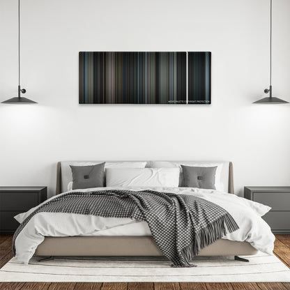 The Ring Two color palette canvas above a bed, between two black pendant lamps