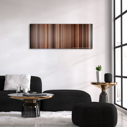 Amadeus color palette canvas above a black sofa with a gold-topped table