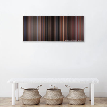 Big Trouble in Little China color palette canvas above a white bench with three woven baskets