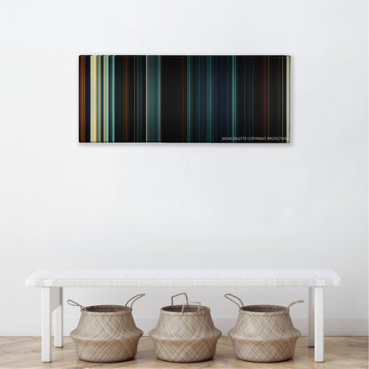 Season of the Witch color palette canvas above a white bench with three woven baskets