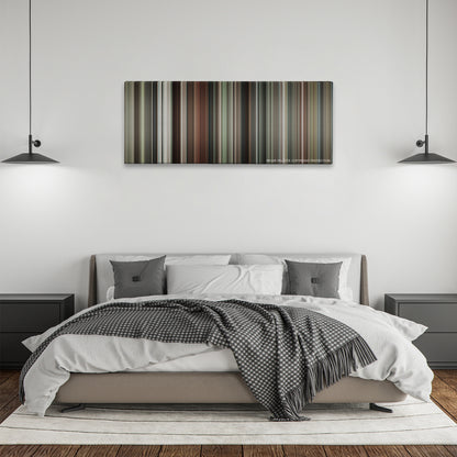 Burn After Reading color palette canvas above a bed, between two black pendant lamps
