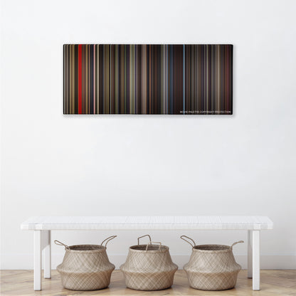Cloud Atlas color palette canvas above a white bench with three woven baskets