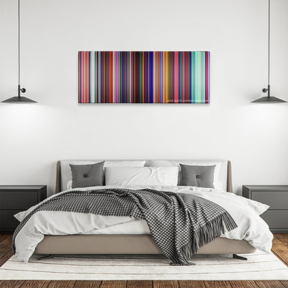 Cloudy with a Chance of Meatballs 2 color palette canvas above a bed, between two black pendant lamps