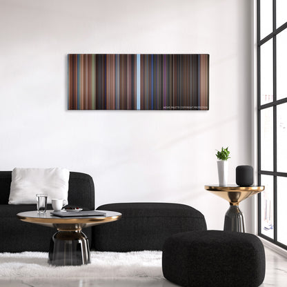 Small Soldiers color palette canvas above a black sofa with a gold-topped table