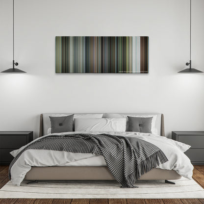 Shooter color palette canvas above a bed, between two black pendant lamps