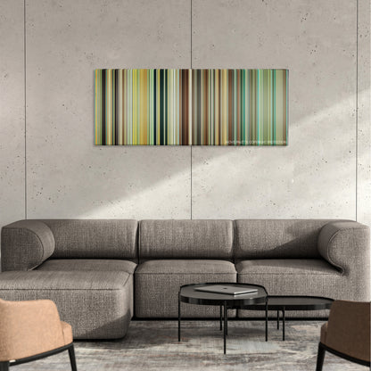 I Love You Phillip Morris color palette canvas on a concrete wall above a gray sectional sofa