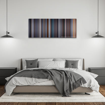Equilibrium color palette canvas above a bed, between two black pendant lamps