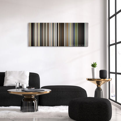 Take Shelter color palette canvas above a black sofa with a gold-topped table