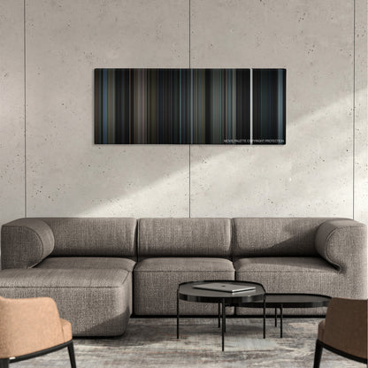 The Ring Two color palette canvas on a concrete wall above a gray sectional sofa