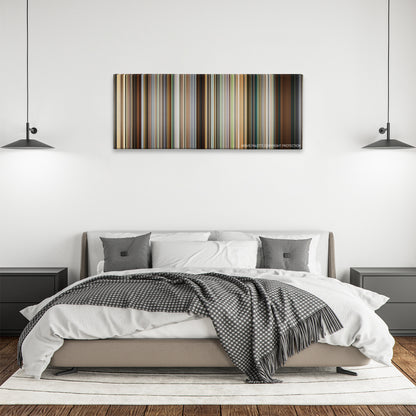 The Girl Who Played with Fire color palette canvas above a bed, between two black pendant lamps