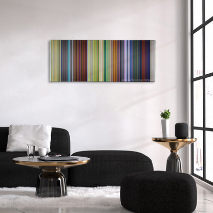 A Bug's Life color palette canvas above a black sofa with a gold-topped table