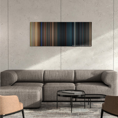 The Purge color palette canvas on a concrete wall above a gray sectional sofa