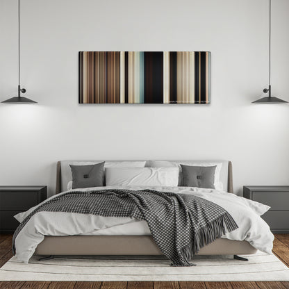 True Grit color palette canvas above a bed, between two black pendant lamps