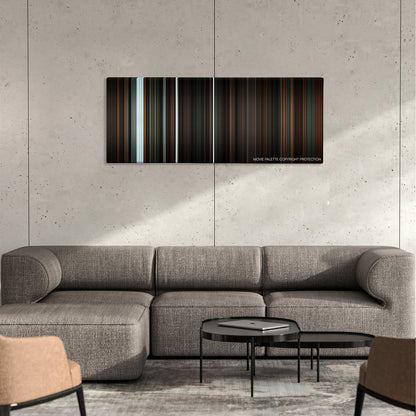 Only Lovers Left Alive color palette canvas on a concrete wall above a gray sectional sofa