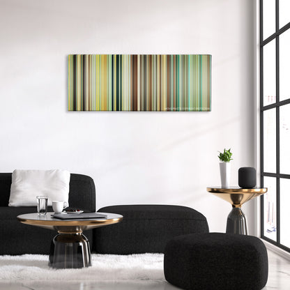 I Love You Phillip Morris color palette canvas above a black sofa with a gold-topped table