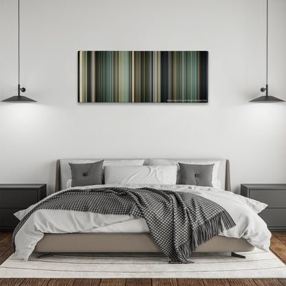 Salt color palette canvas above a bed, between two black pendant lamps