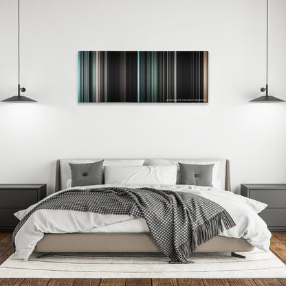 The Rite color palette canvas above a bed, between two black pendant lamps