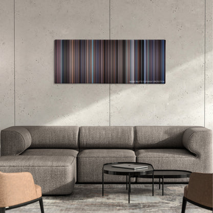 WarGames color palette canvas on a concrete wall above a gray sectional sofa