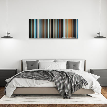 Another Earth color palette canvas above a bed, between two black pendant lamps