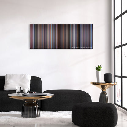 WarGames color palette canvas above a black sofa with a gold-topped table