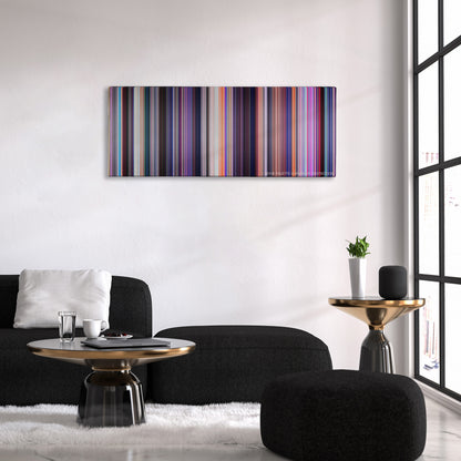 Spider-Man: Into the Spider-Verse color palette canvas above a black sofa with a gold-topped table