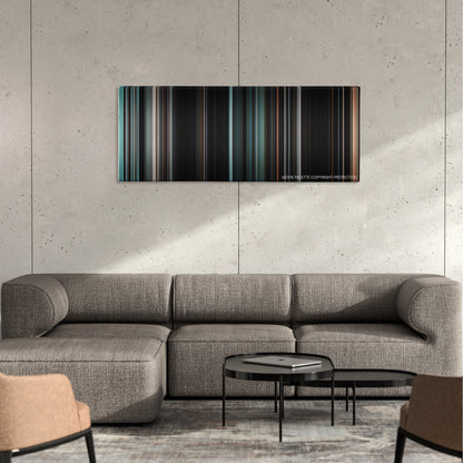 The Rite color palette canvas on a concrete wall above a gray sectional sofa