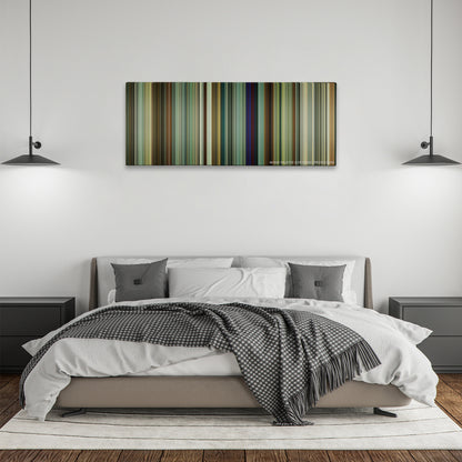 Tenet color palette canvas above a bed, between two black pendant lamps
