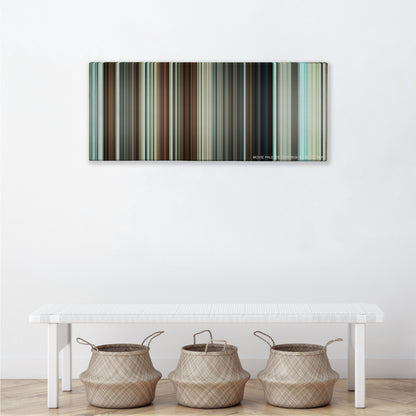 Hot Fuzz color palette canvas above a white bench with three woven baskets