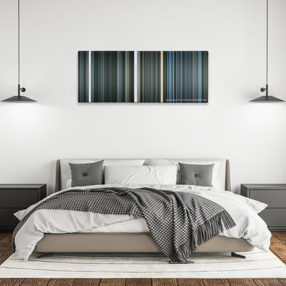 Iron Sky color palette canvas above a bed, between two black pendant lamps