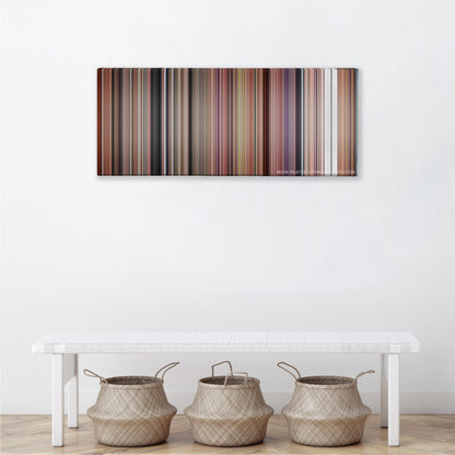 Willy Wonka & the Chocolate Factory color palette canvas above a white bench with three woven baskets