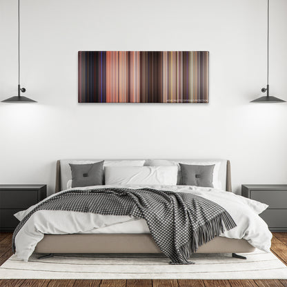 Broken Arrow color palette canvas above a bed, between two black pendant lamps