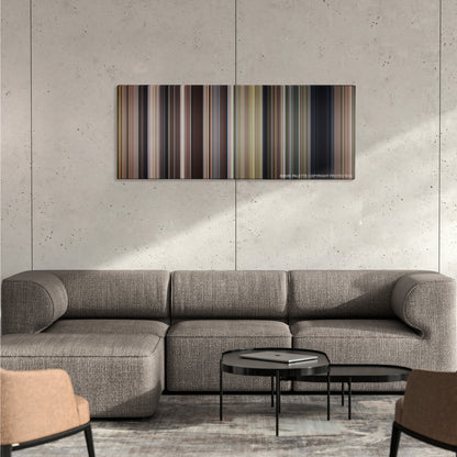 The Bridge on the River Kwai color palette canvas on a concrete wall above a gray sectional sofa