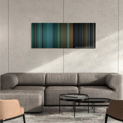 A Good Day to Die Hard color palette canvas on a concrete wall above a gray sectional sofa